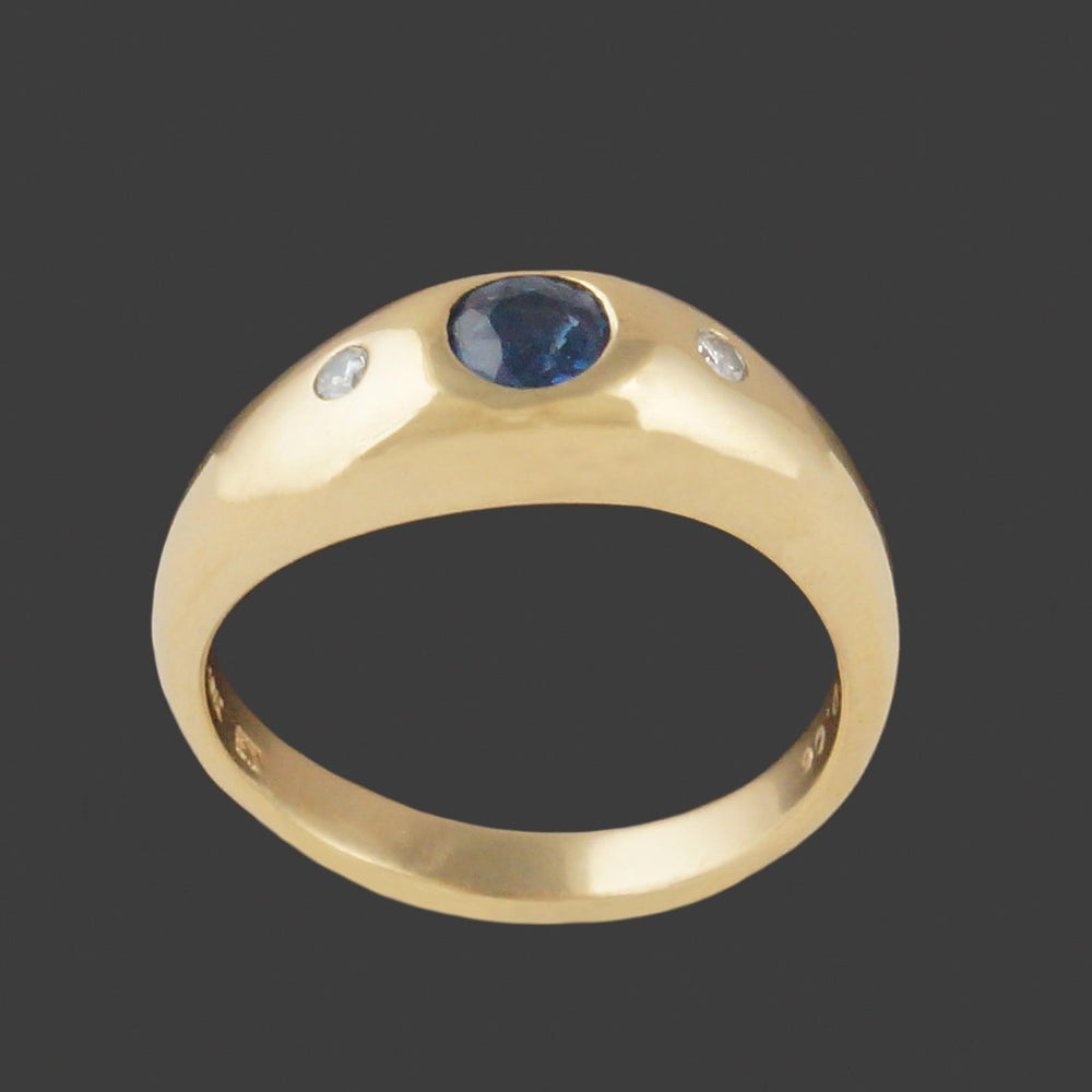 Vintage Solid 18K Yellow Gold, Bezel Set Sapphire & Diamond Estate Gypsy Ring, Olde Towne Jewelers, Santa Rosa CA.