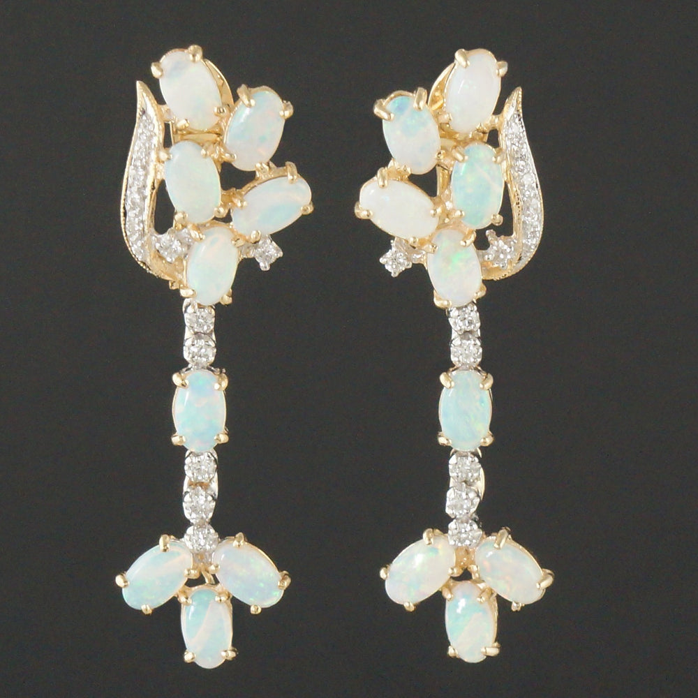 Retro Style Solid 14K Yellow Gold, Opal & Diamond Drop Dangle Estate Earrings