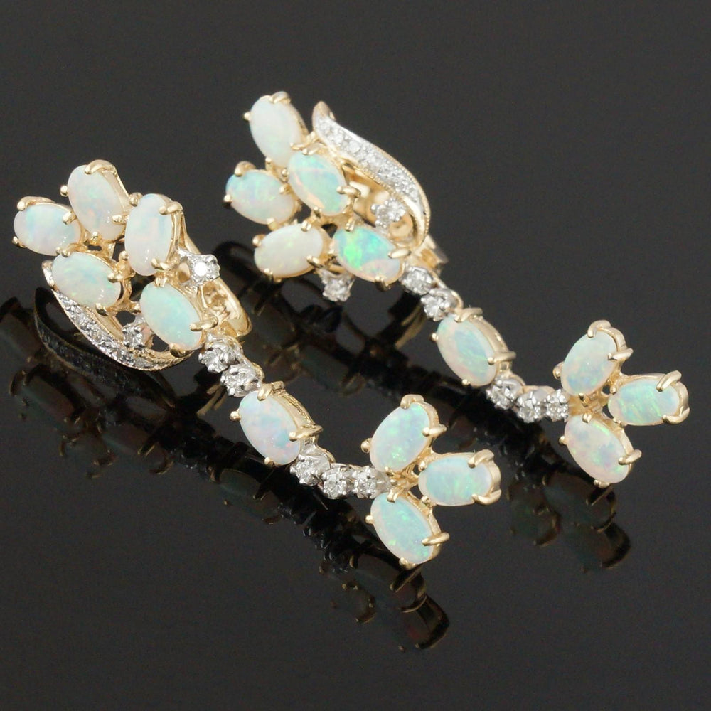 Retro Style Solid 14K Yellow Gold, Opal & Diamond Drop Dangle Estate Earrings, Olde Towne Jewelers, Santa Rosa CA.