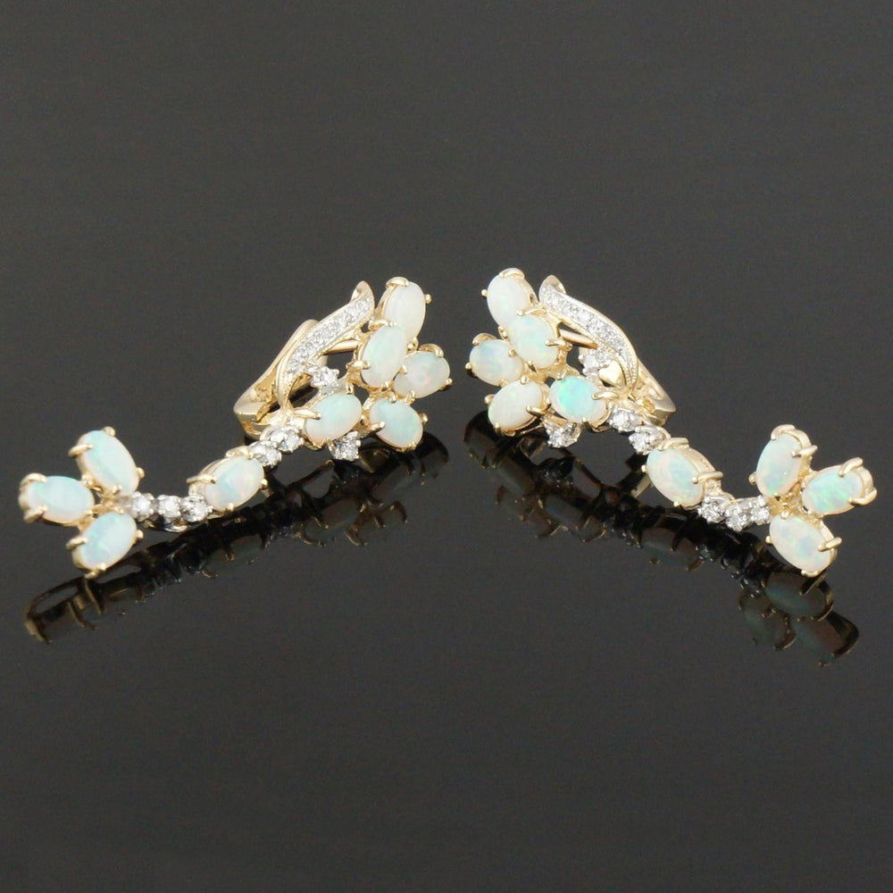Retro Style Solid 14K Yellow Gold, Opal & Diamond Drop Dangle Estate Earrings, Olde Towne Jewelers, Santa Rosa CA.