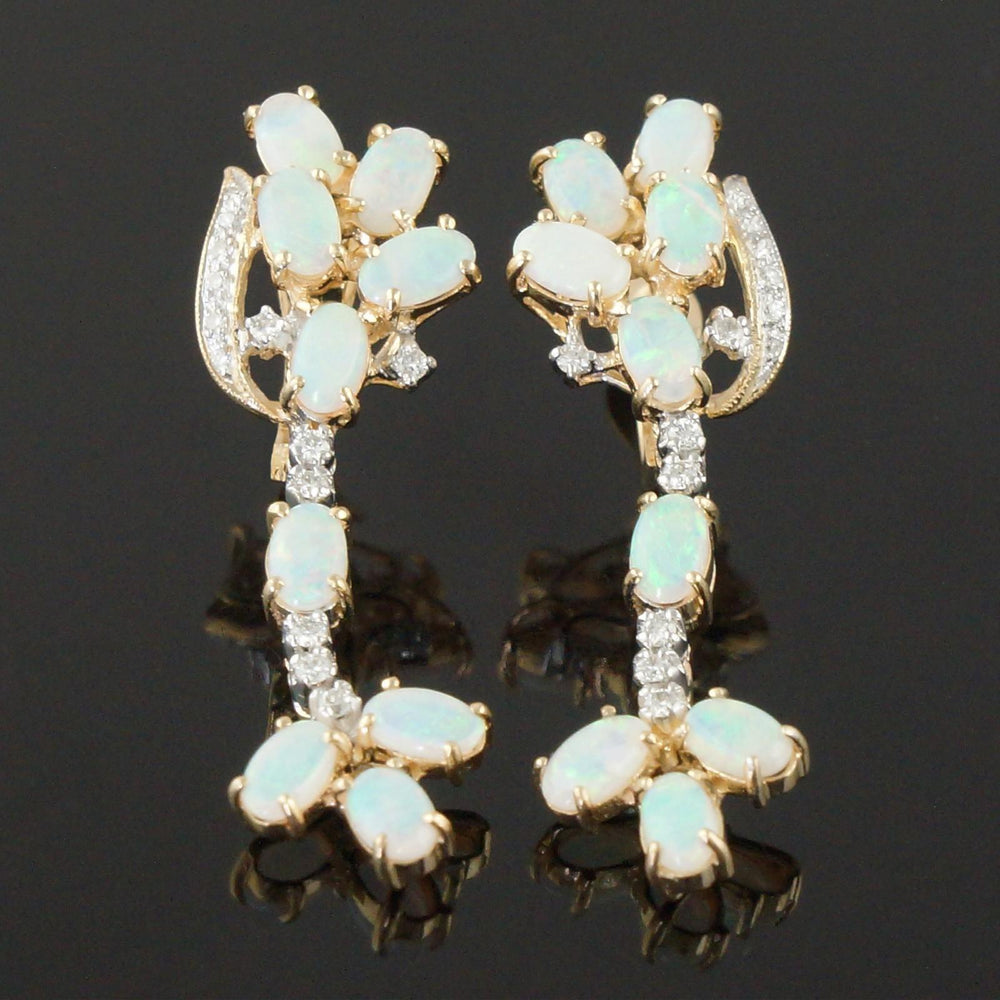 Retro Style Solid 14K Yellow Gold, Opal & Diamond Drop Dangle Estate Earrings, Olde Towne Jewelers, Santa Rosa CA.