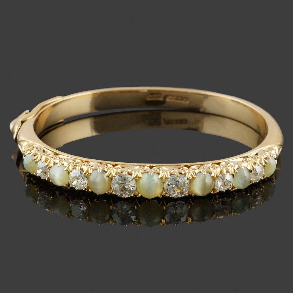 Antique William Drummond & Co 18K Gold OMC Diamond & Cats Eye Chrysoberyl Bangle