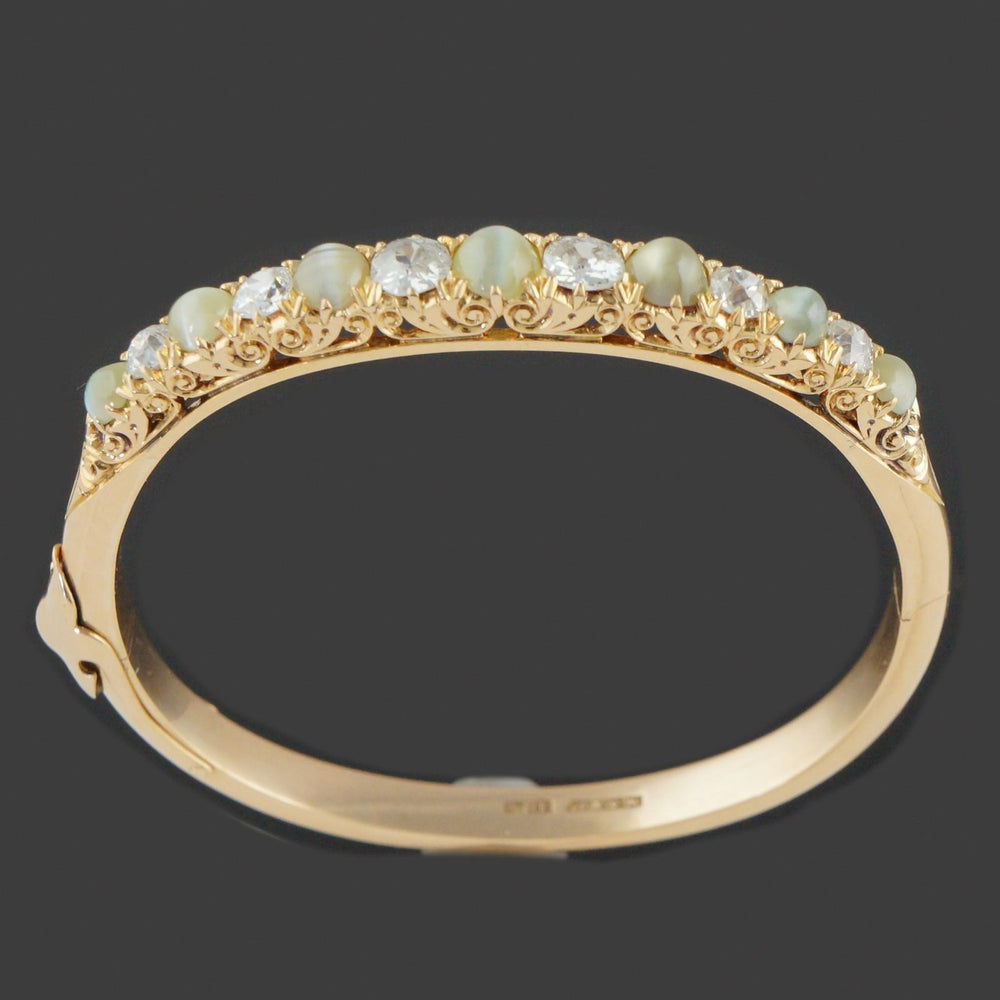 Antique William Drummond & Co 18K Gold OMC Diamond & Cats Eye Chrysoberyl Bangle, Olde Towne Jewelers, Santa Rosa CA.