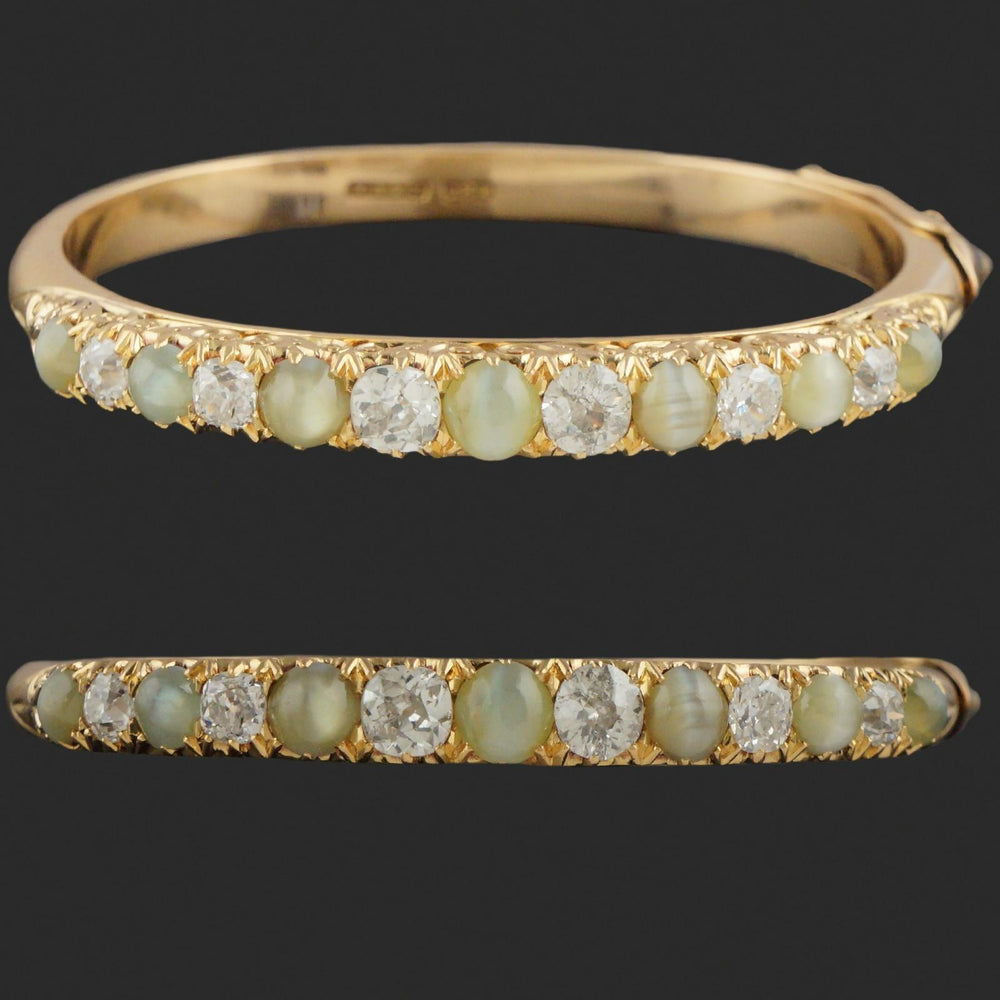 Antique William Drummond & Co 18K Gold OMC Diamond & Cats Eye Chrysoberyl Bangle, Olde Towne Jewelers, Santa Rosa CA.