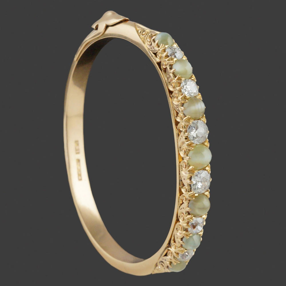 Antique William Drummond & Co 18K Gold OMC Diamond & Cats Eye Chrysoberyl Bangle, Olde Towne Jewelers, Santa Rosa CA.