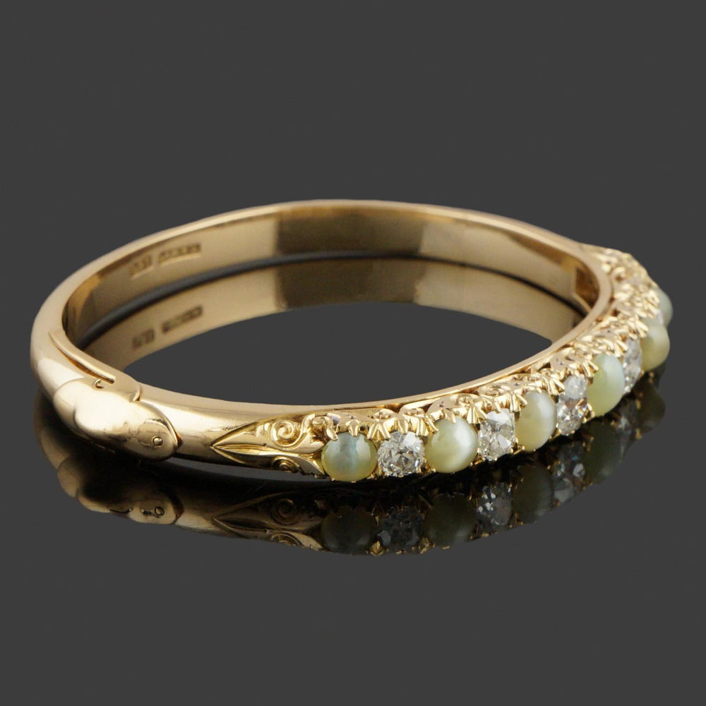 Antique William Drummond & Co 18K Gold OMC Diamond & Cats Eye Chrysoberyl Bangle, Olde Towne Jewelers, Santa Rosa CA.