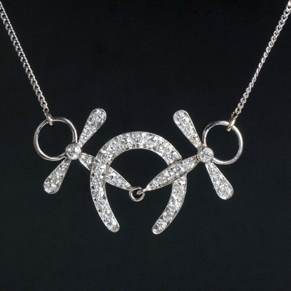 Rare Antique Black Starr & Frost 14K Gold Diamond Horseshoe Snaffle Bit Necklace