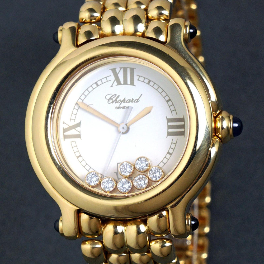 Stunning Chopard 6137-23 Happy Sport 18K Gold Floating Diamond Watch Box, Papers, Olde Towne Jewelers, Santa Rosa CA.