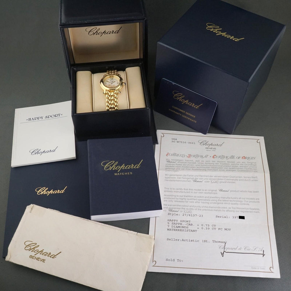 Stunning Chopard 6137-23 Happy Sport 18K Gold Floating Diamond Watch Box, Papers, Olde Towne Jewelers, Santa Rosa CA.