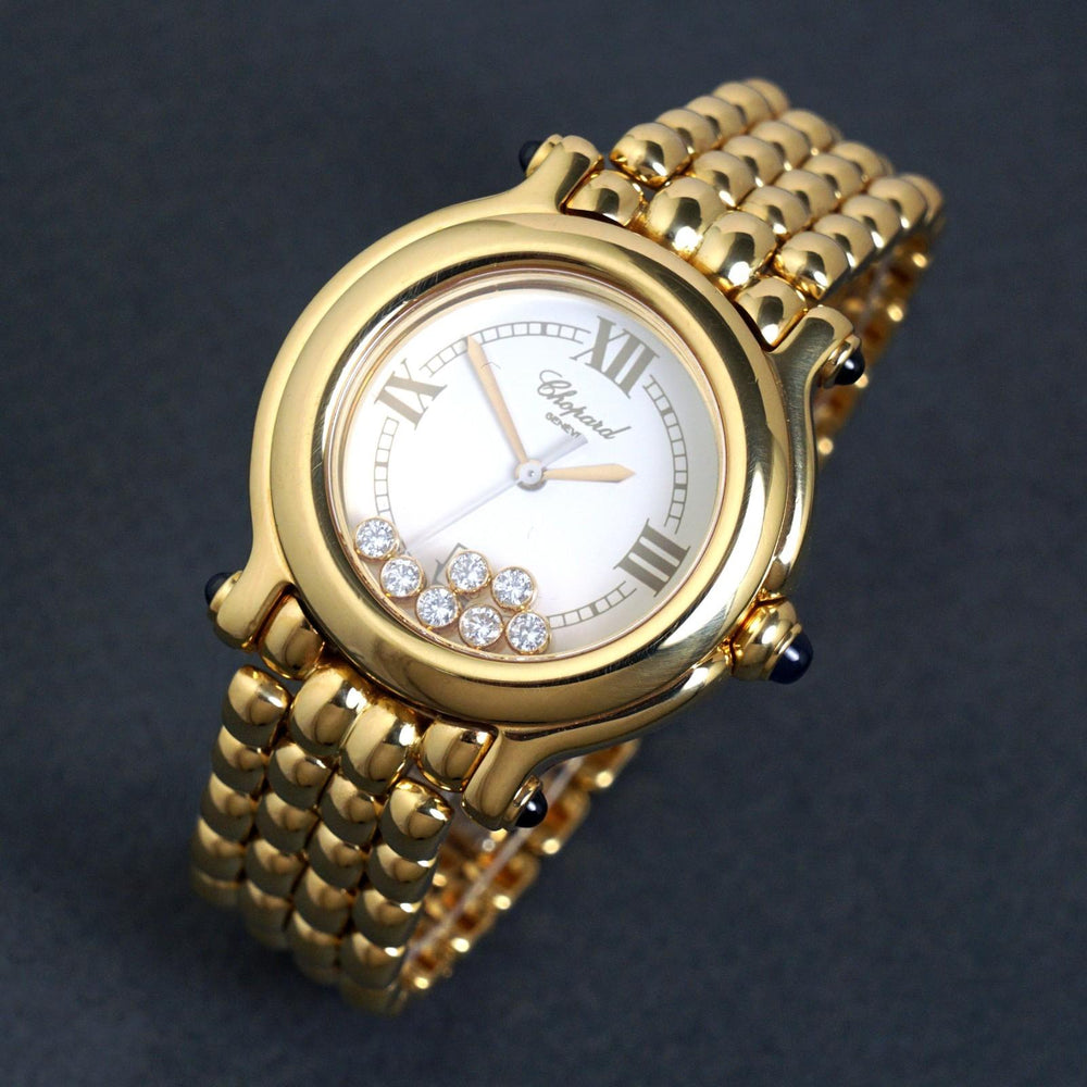 Stunning Chopard 6137-23 Happy Sport 18K Gold Floating Diamond Watch Box, Papers, Olde Towne Jewelers, Santa Rosa CA.