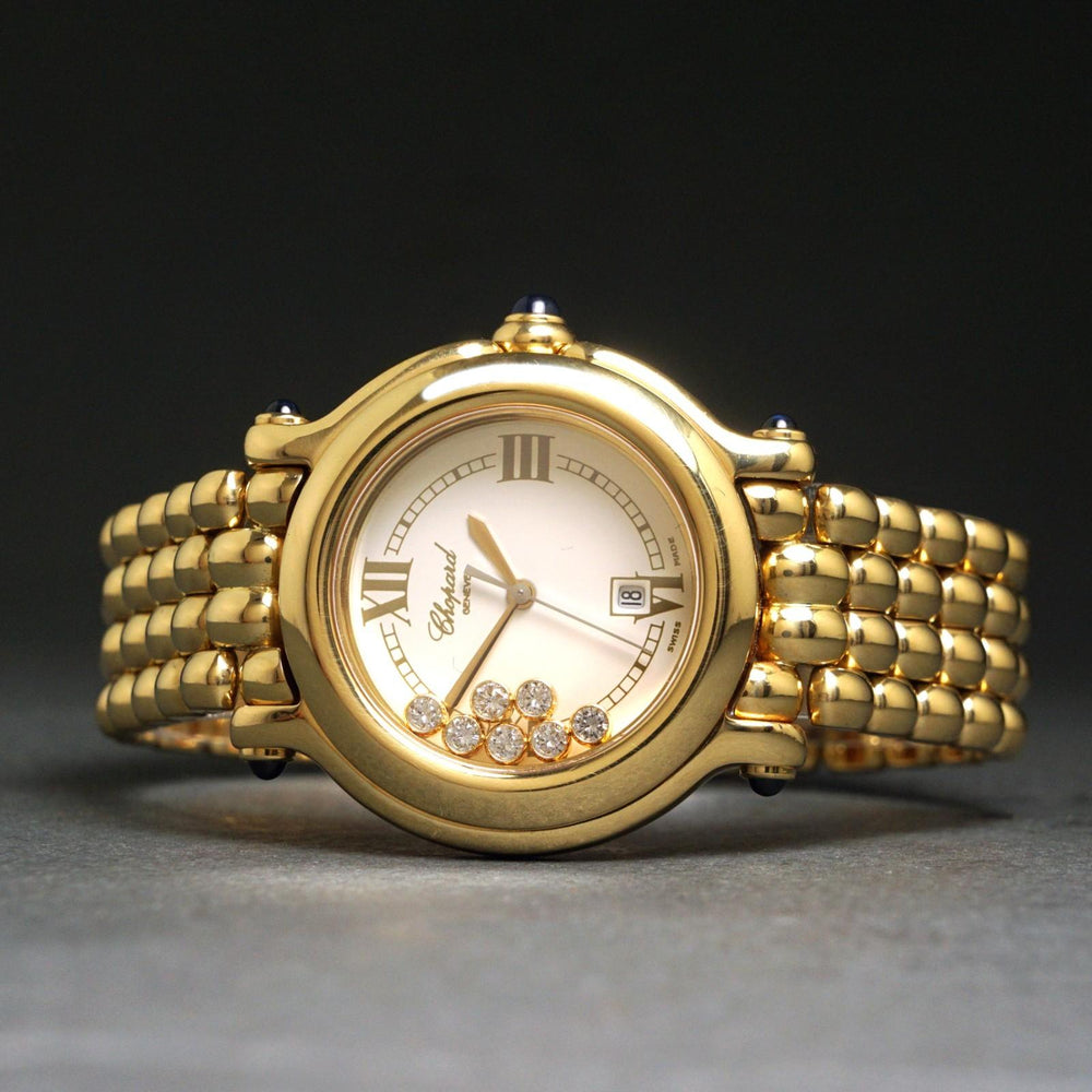 Stunning Chopard 6137-23 Happy Sport 18K Gold Floating Diamond Watch Box, Papers, Olde Towne Jewelers, Santa Rosa CA.