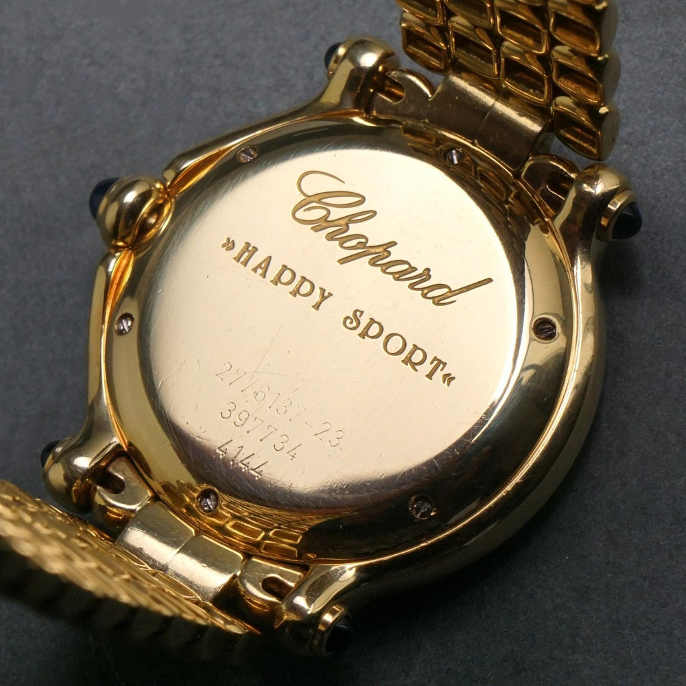 Stunning Chopard 6137-23 Happy Sport 18K Gold Floating Diamond Watch Box, Papers, Olde Towne Jewelers, Santa Rosa CA.