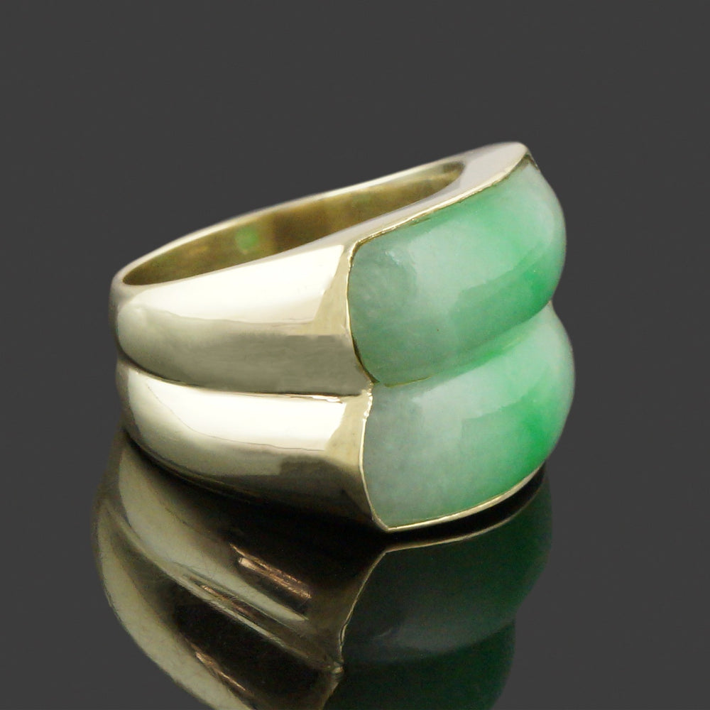 Heavy Modern Solid 14K Yellow Gold & Double Apple Jade Saddle Ring