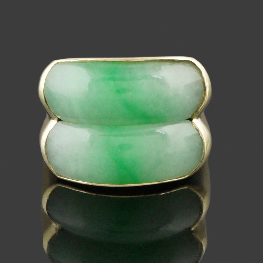 Heavy Modern Solid 14K Yellow Gold & Double Apple Jade Saddle Ring, Olde Towne Jewelers, Santa Rosa CA.