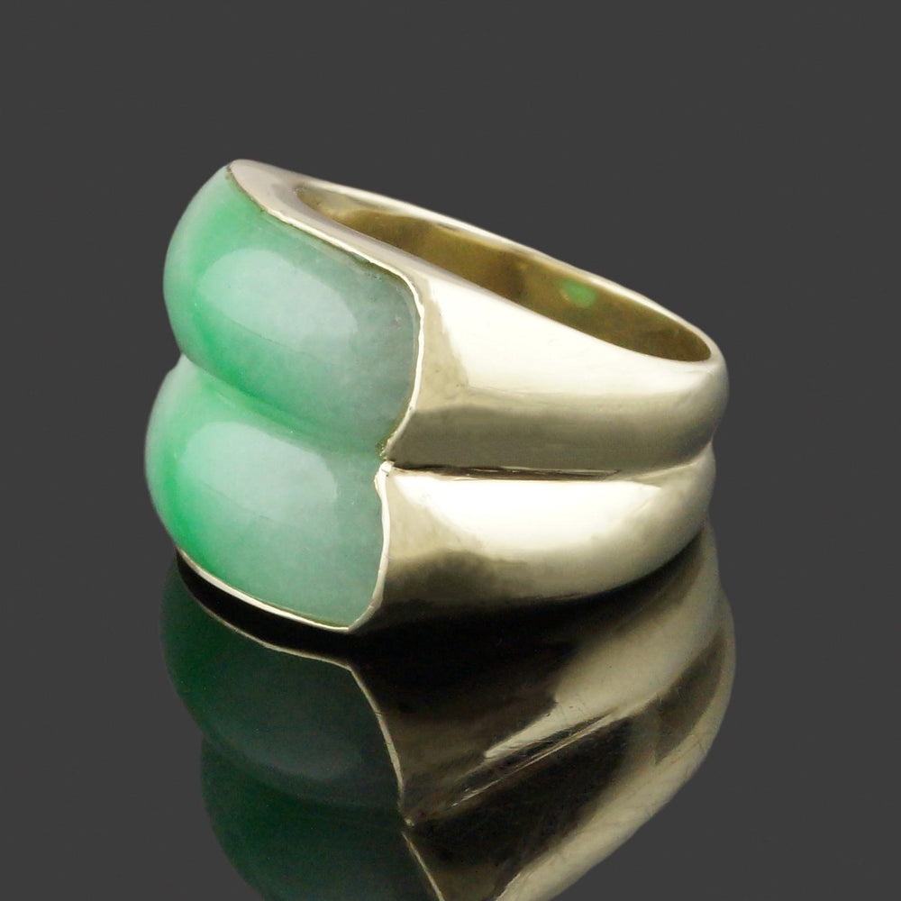 Heavy Modern Solid 14K Yellow Gold & Double Apple Jade Saddle Ring, Olde Towne Jewelers, Santa Rosa CA.