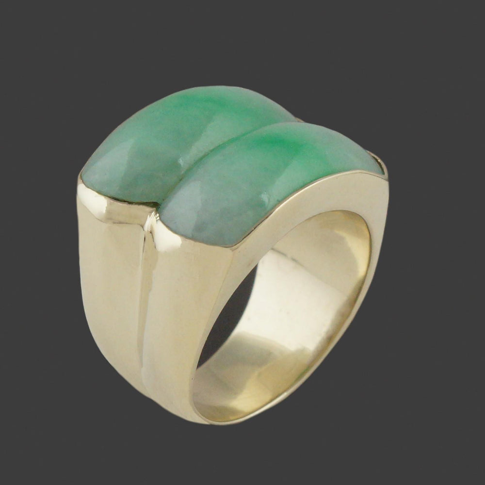 Heavy Modern Solid 14K Yellow Gold & Double Apple Jade Saddle Ring, Olde Towne Jewelers, Santa Rosa CA.
