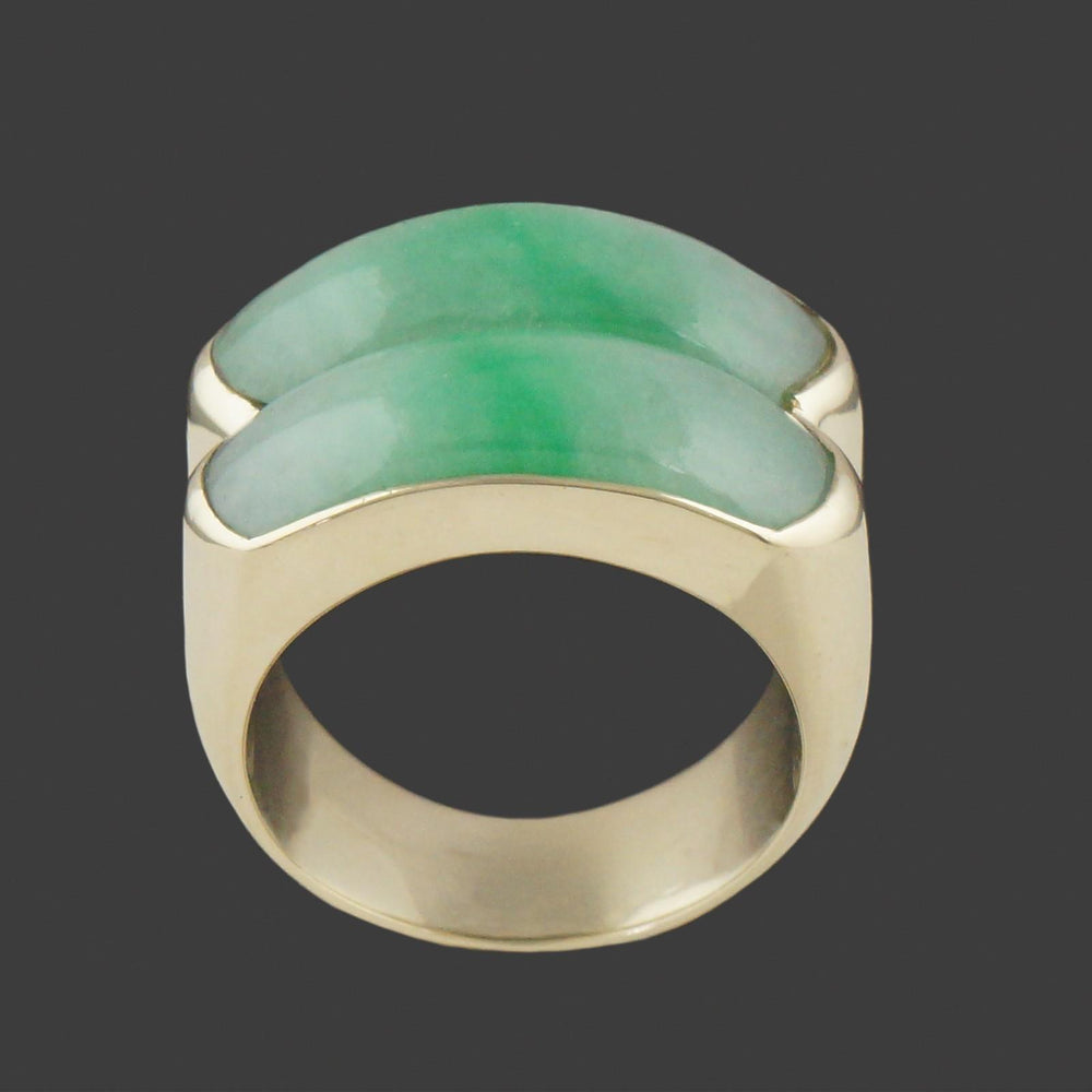 Heavy Modern Solid 14K Yellow Gold & Double Apple Jade Saddle Ring, Olde Towne Jewelers, Santa Rosa CA.