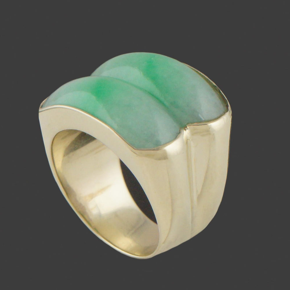 Heavy Modern Solid 14K Yellow Gold & Double Apple Jade Saddle Ring, Olde Towne Jewelers, Santa Rosa CA.
