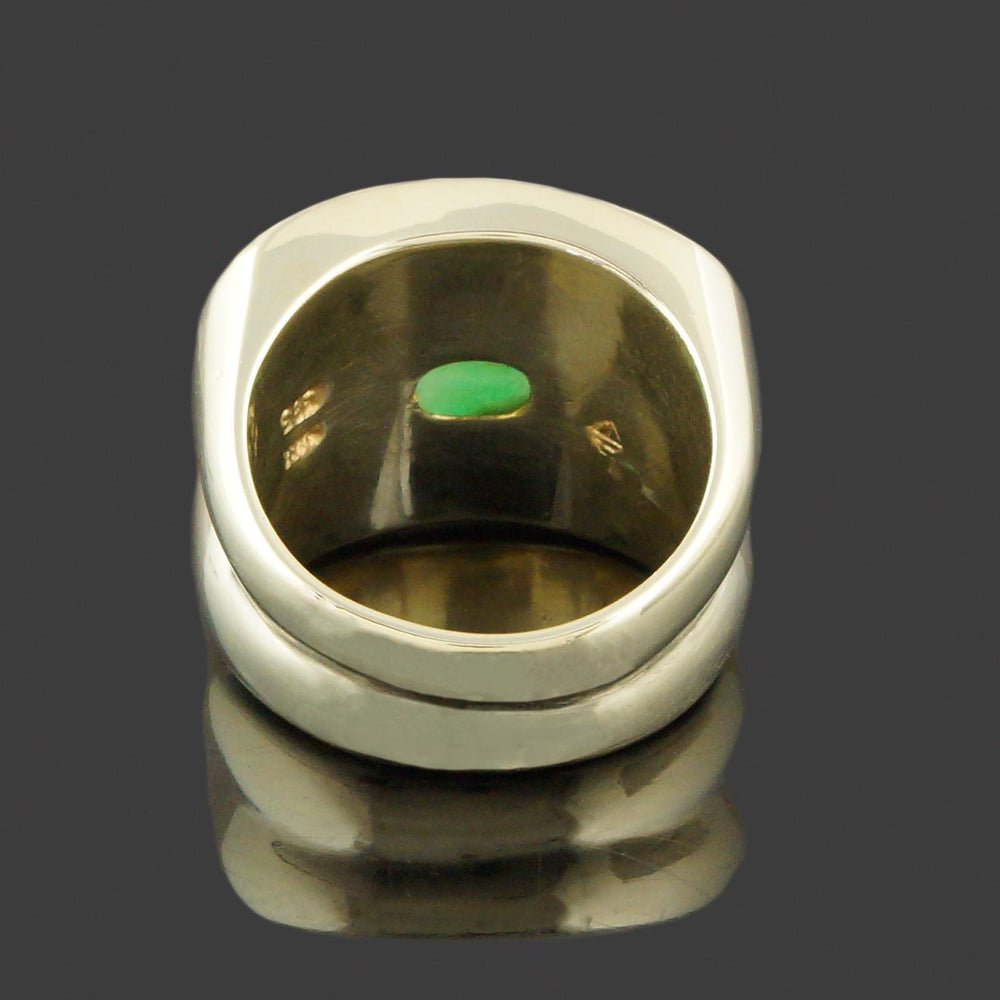 Heavy Modern Solid 14K Yellow Gold & Double Apple Jade Saddle Ring, Olde Towne Jewelers, Santa Rosa CA.