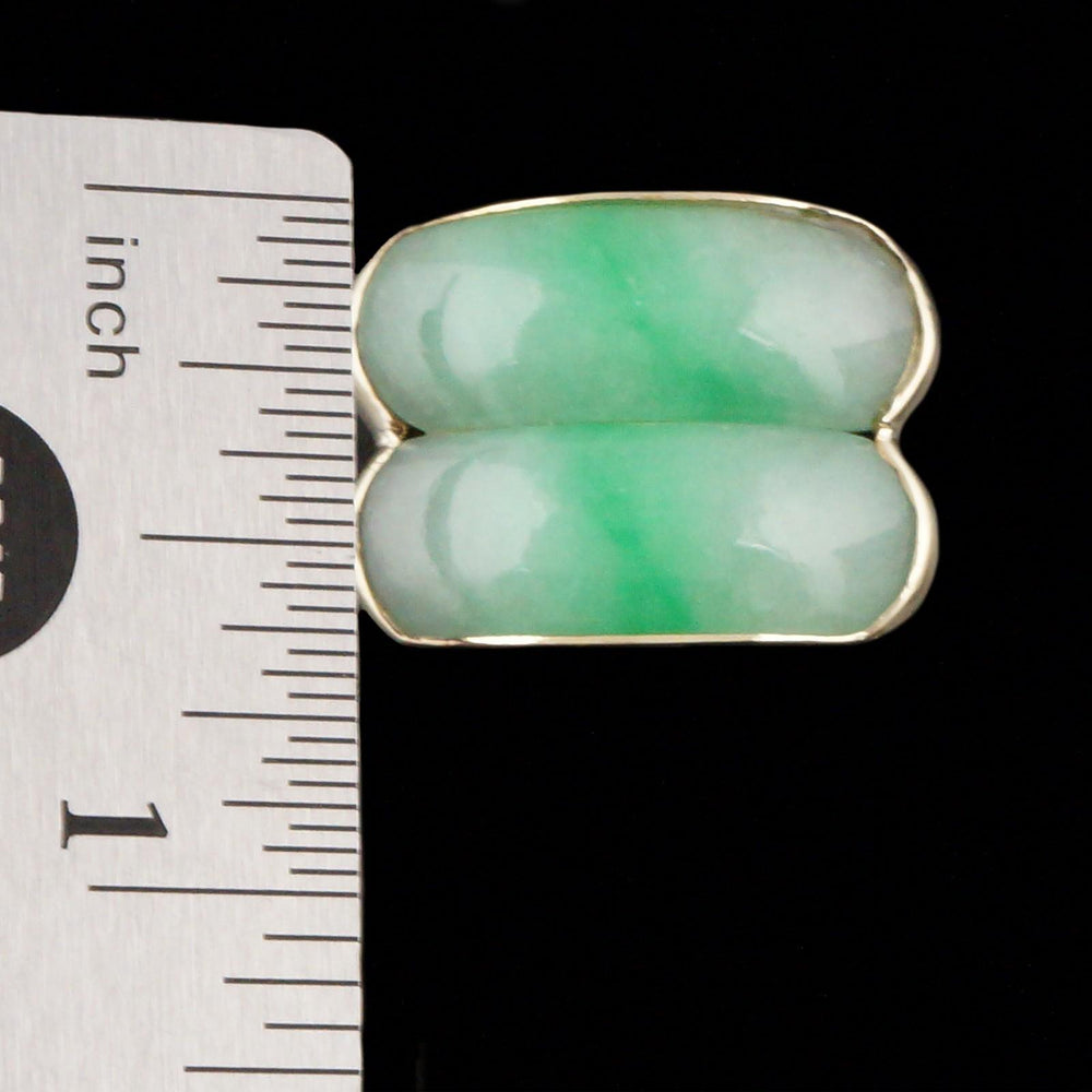 Heavy Modern Solid 14K Yellow Gold & Double Apple Jade Saddle Ring, Olde Towne Jewelers, Santa Rosa CA.