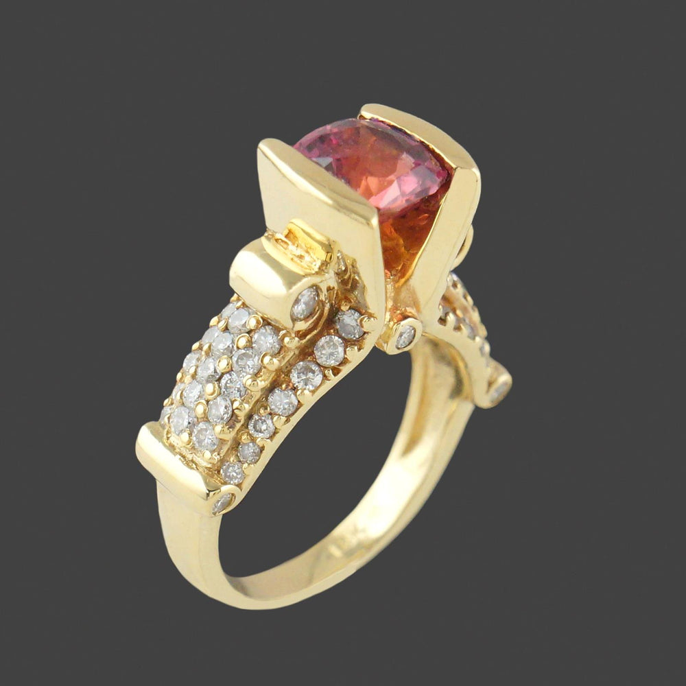 Retro Modernist Solid 18K  Gold, 2.45 Ct Padparadscha Sapphire & Diamond Ring
