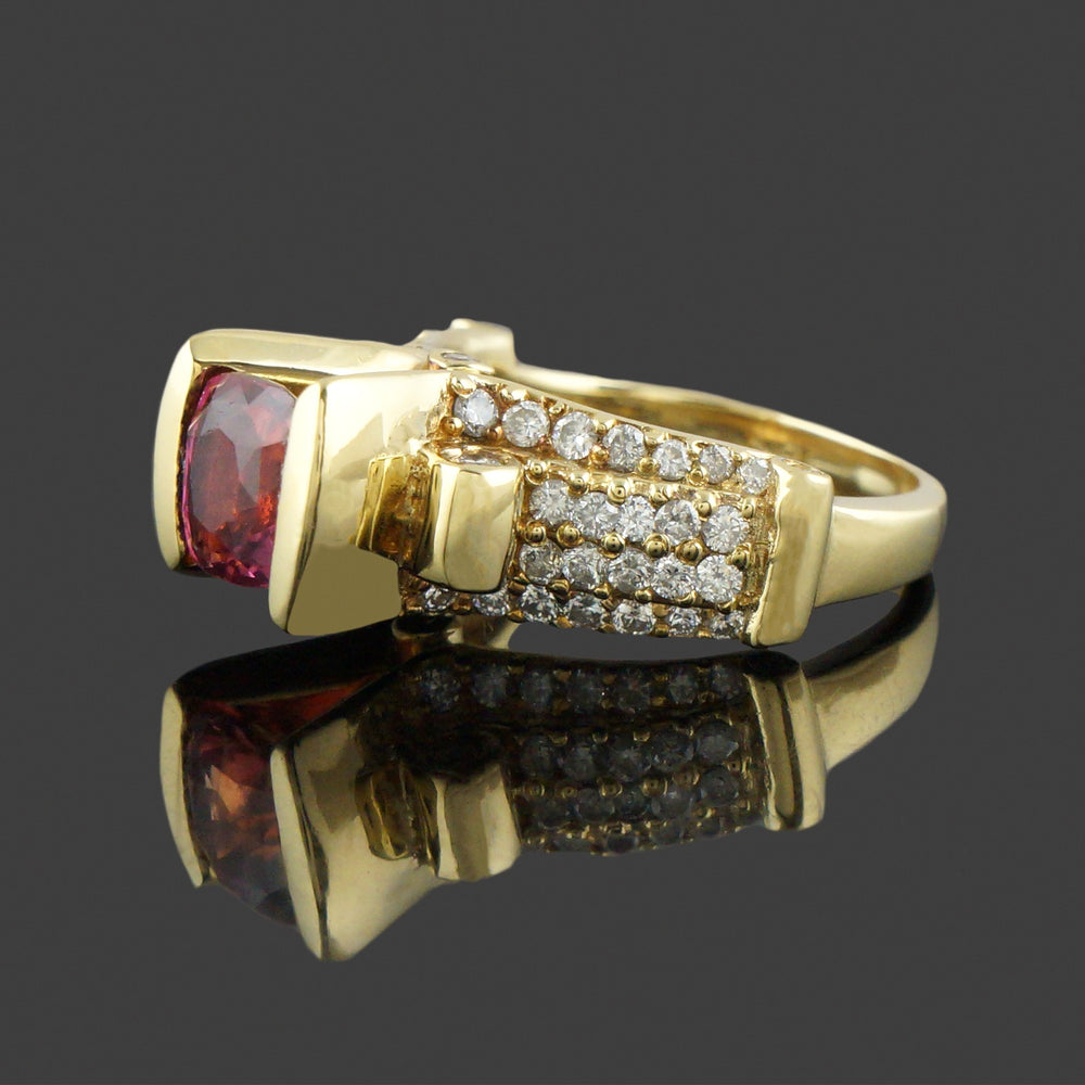 Retro Modernist Solid 18K  Gold, 2.45 Ct Padparadscha Sapphire & Diamond Ring, Olde Towne Jewelers, Santa Rosa CA.