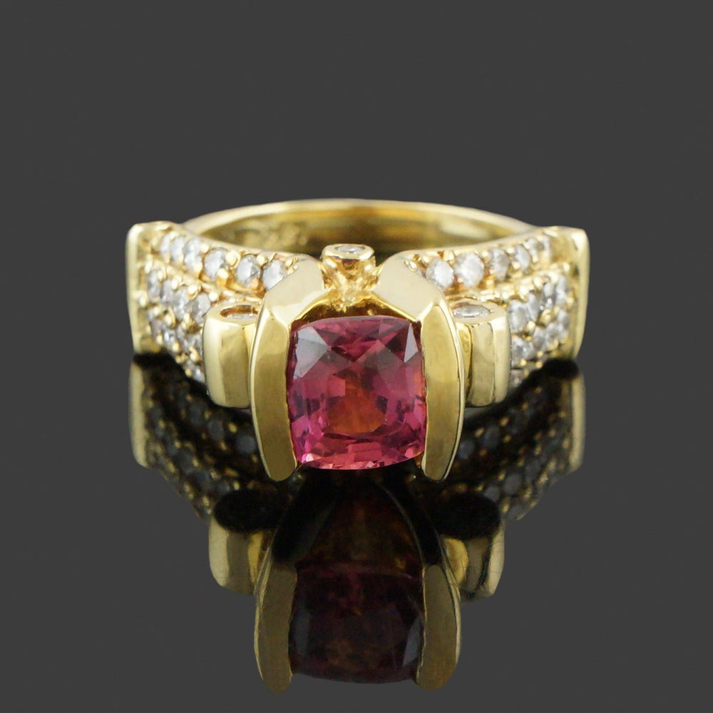 Retro Modernist Solid 18K  Gold, 2.45 Ct Padparadscha Sapphire & Diamond Ring, Olde Towne Jewelers, Santa Rosa CA.