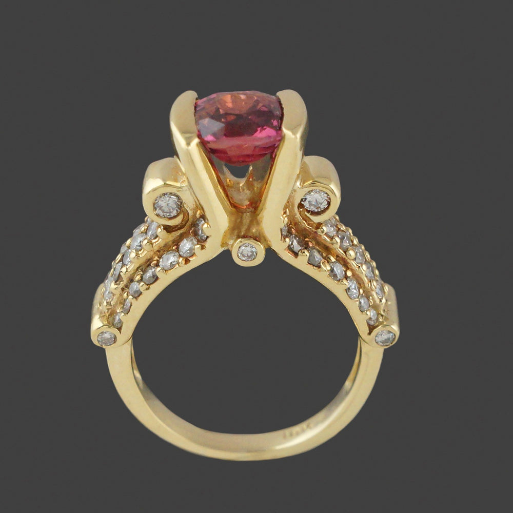 Retro Modernist Solid 18K  Gold, 2.45 Ct Padparadscha Sapphire & Diamond Ring, Olde Towne Jewelers, Santa Rosa CA.