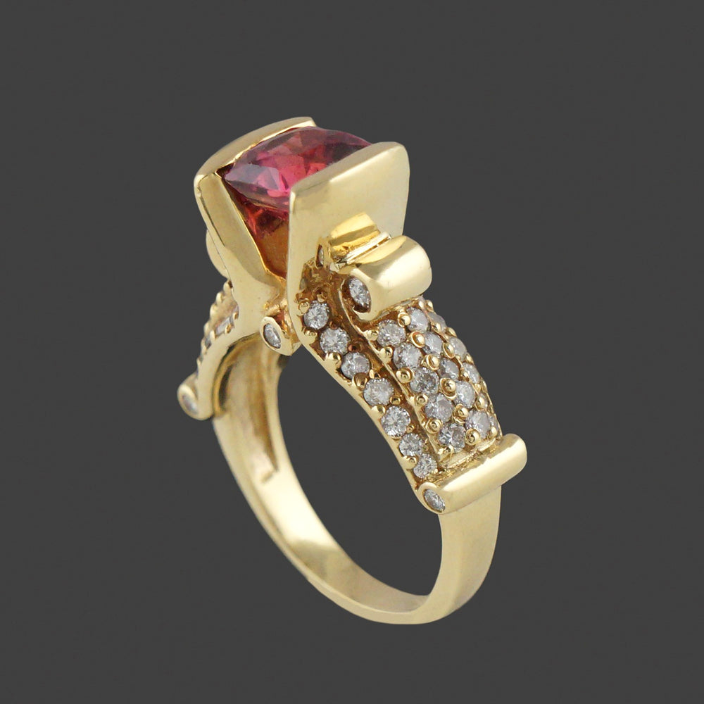 Retro Modernist Solid 18K  Gold, 2.45 Ct Padparadscha Sapphire & Diamond Ring, Olde Towne Jewelers, Santa Rosa CA.