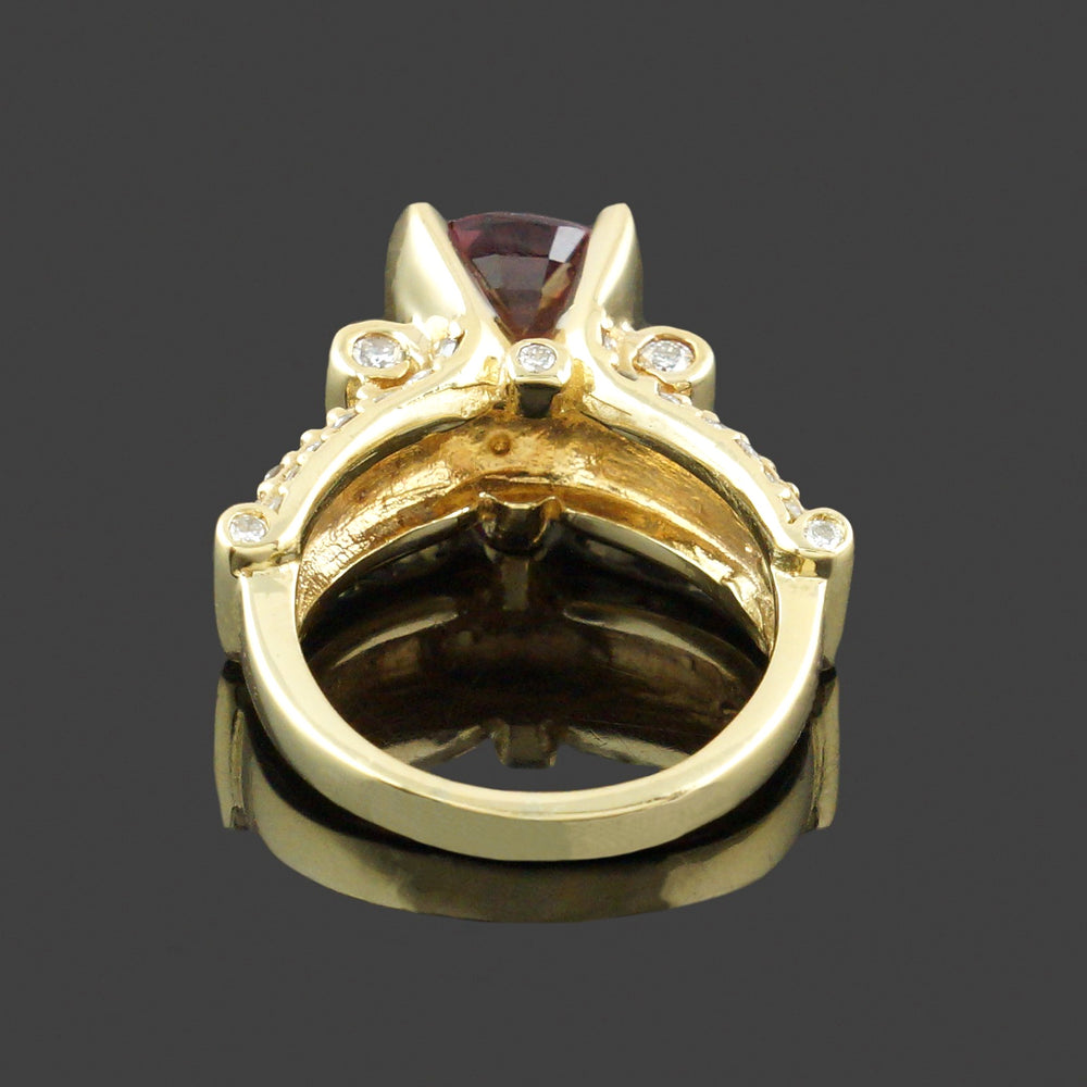 Retro Modernist Solid 18K  Gold, 2.45 Ct Padparadscha Sapphire & Diamond Ring, Olde Towne Jewelers, Santa Rosa CA.