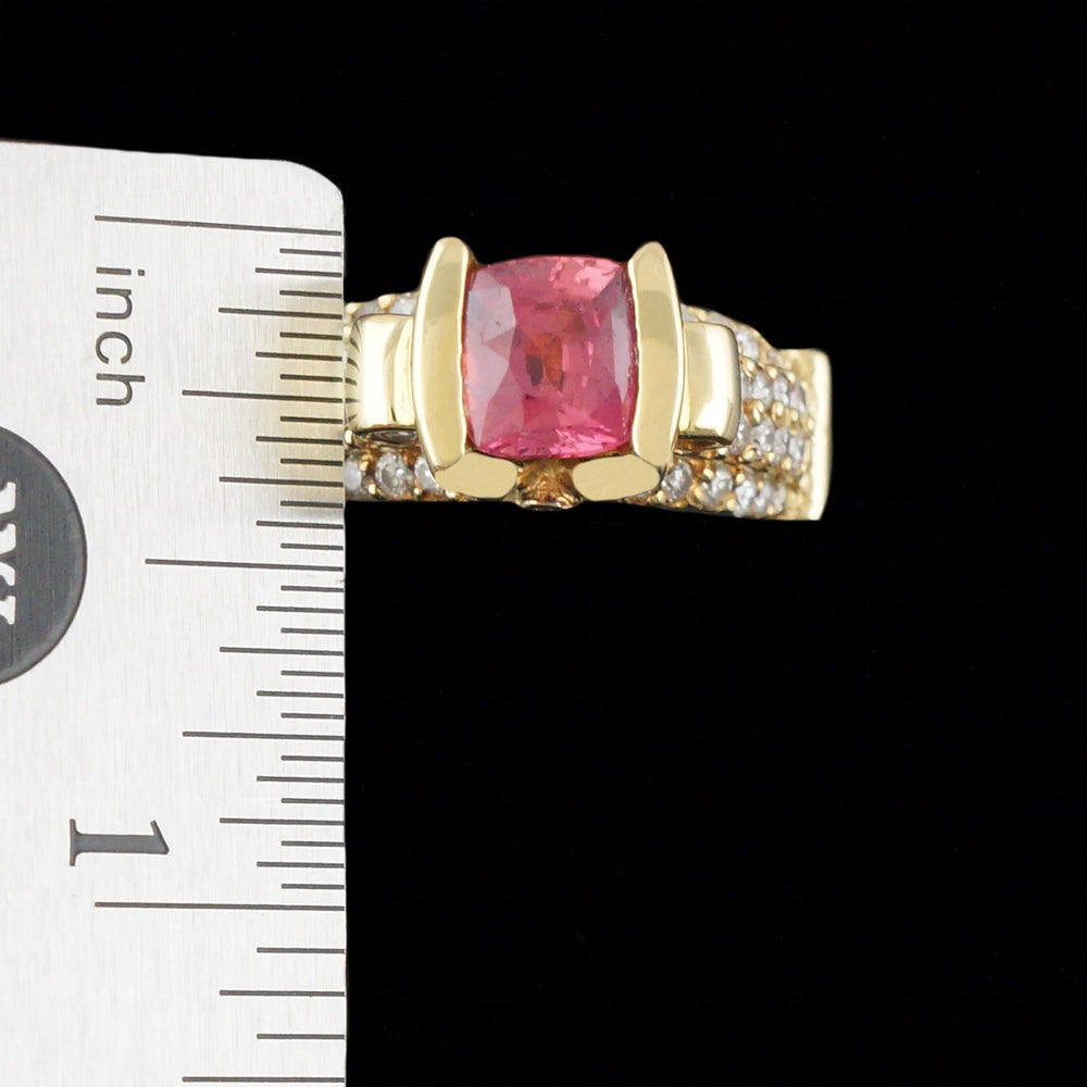 Retro Modernist Solid 18K  Gold, 2.45 Ct Padparadscha Sapphire & Diamond Ring, Olde Towne Jewelers, Santa Rosa CA.