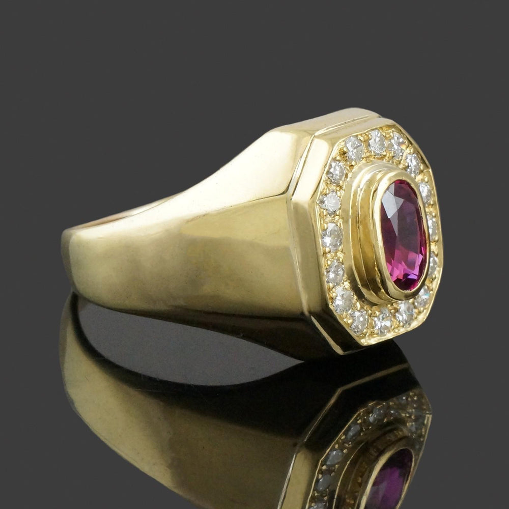 Custom Solid 18K Yellow Gold, Oval Ruby & Diamond Halo Estate Signet R ...