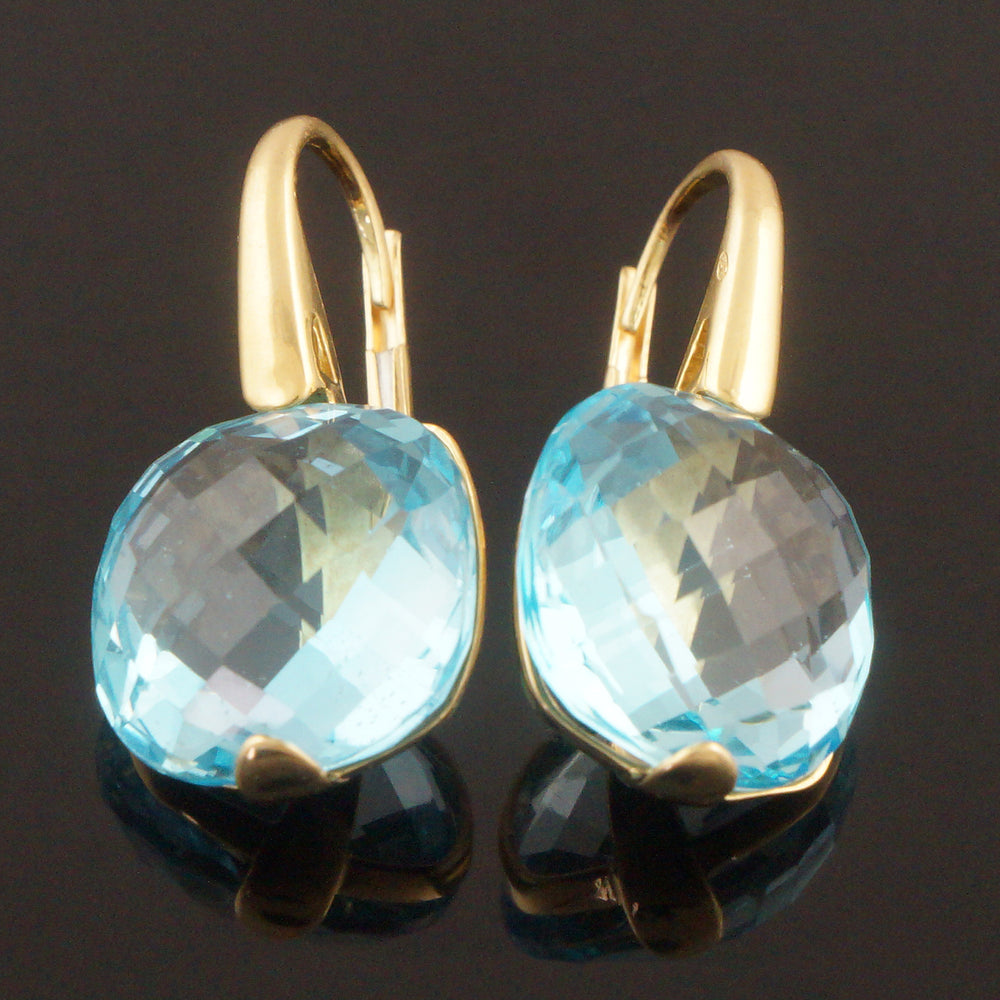 Solid 18K Yellow Gold, Briolette Blue Topaz Drop Dangle Estate Earrings, Olde Towne Jewelers, Santa Rosa CA.