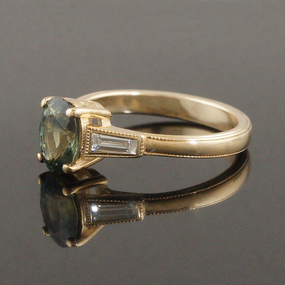 Era Solid 14K Yellow Gold 1.25 Ct Green Sapphire & Diamond Engagement Ring w Box, Olde Towne Jewelers, Santa Rosa CA.