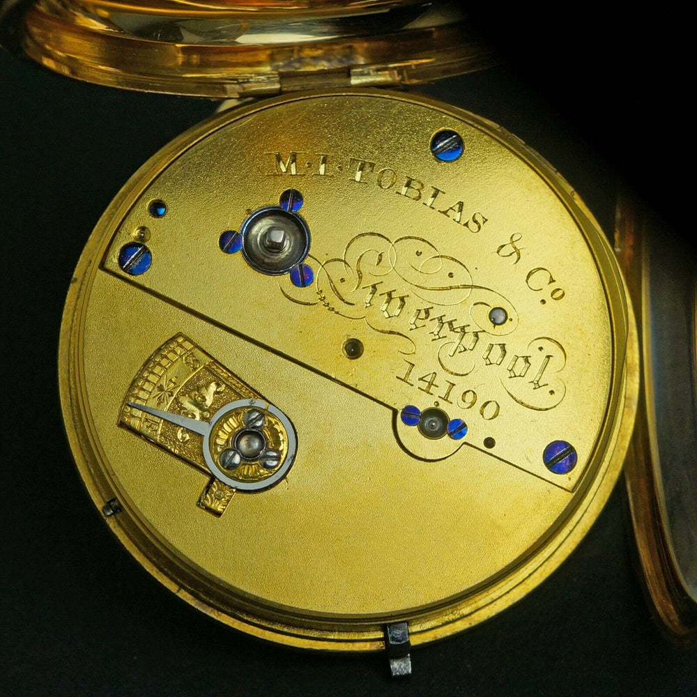 1860s M.I. Tobias Liverpool 18K Gold Key Wind Pocket Watch, Amazing Mint Condition Olde Towne Jewelers Santa Rosa CA
