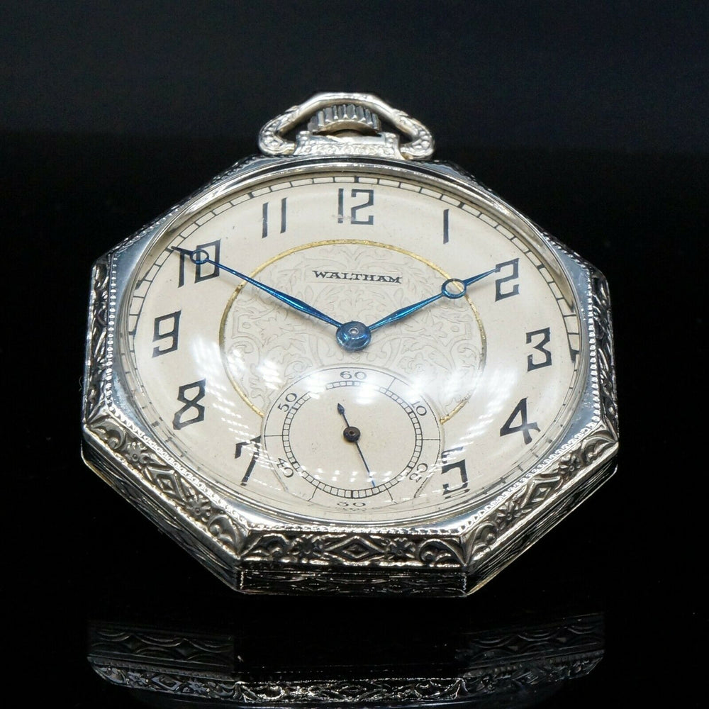 Waltham Pocket Watch 1925 14K White Gold Art Deco Octagonal
