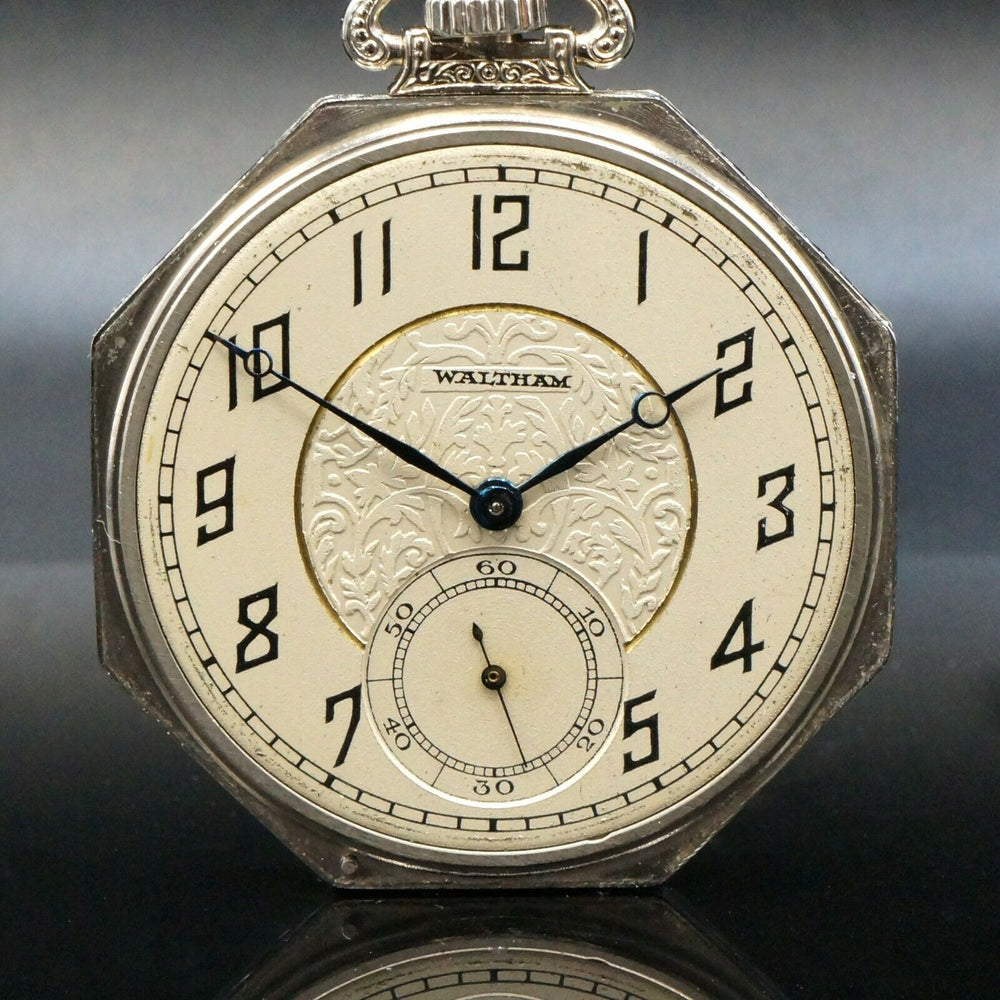 Waltham Pocket Watch 1925 14K White Gold Art Dec