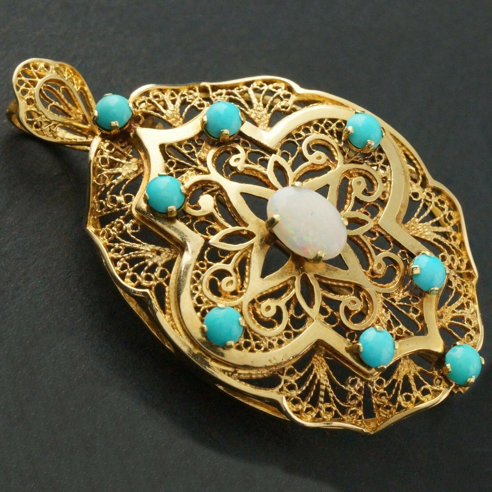 1930's Solid 14K Yellow Gold, Turquoise & Opal Filigree Pendant, Pin, Brooch