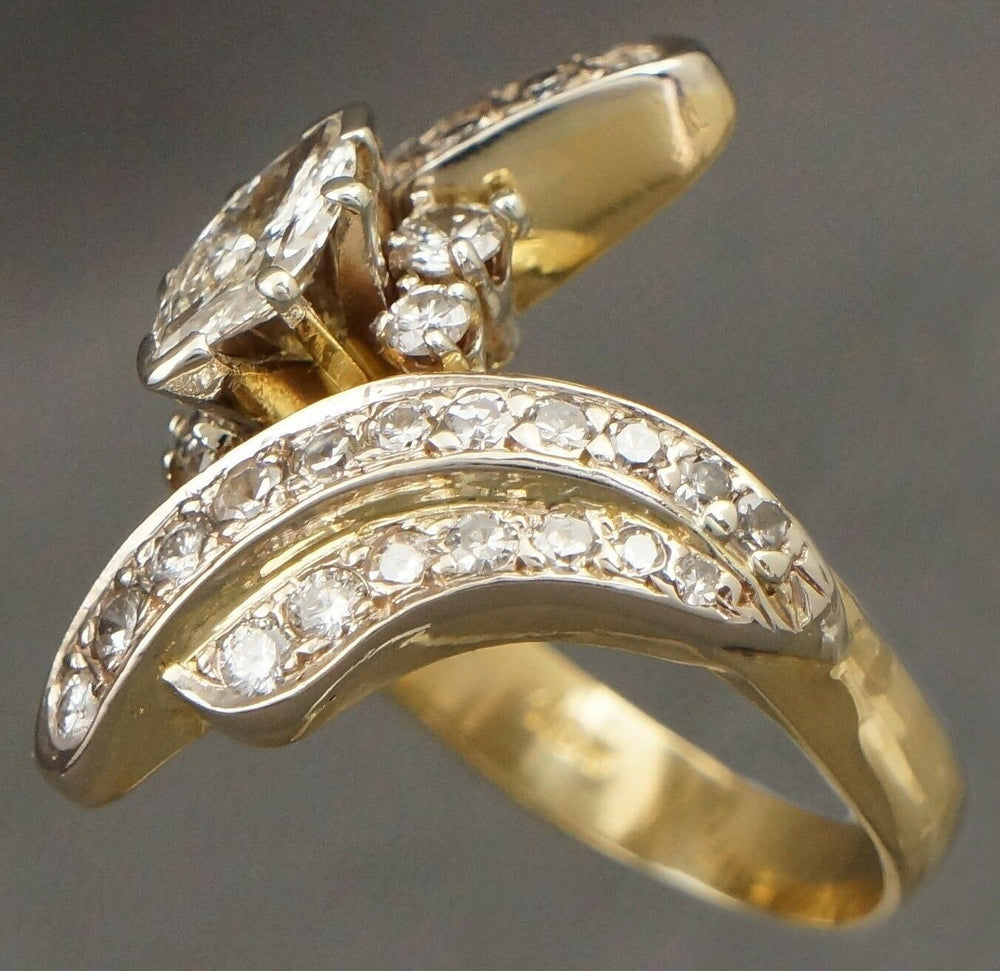 Retro Solid 18K Gold & Marquis Cut Diamond 1.44cttw, Engagement, Cocktail Ring