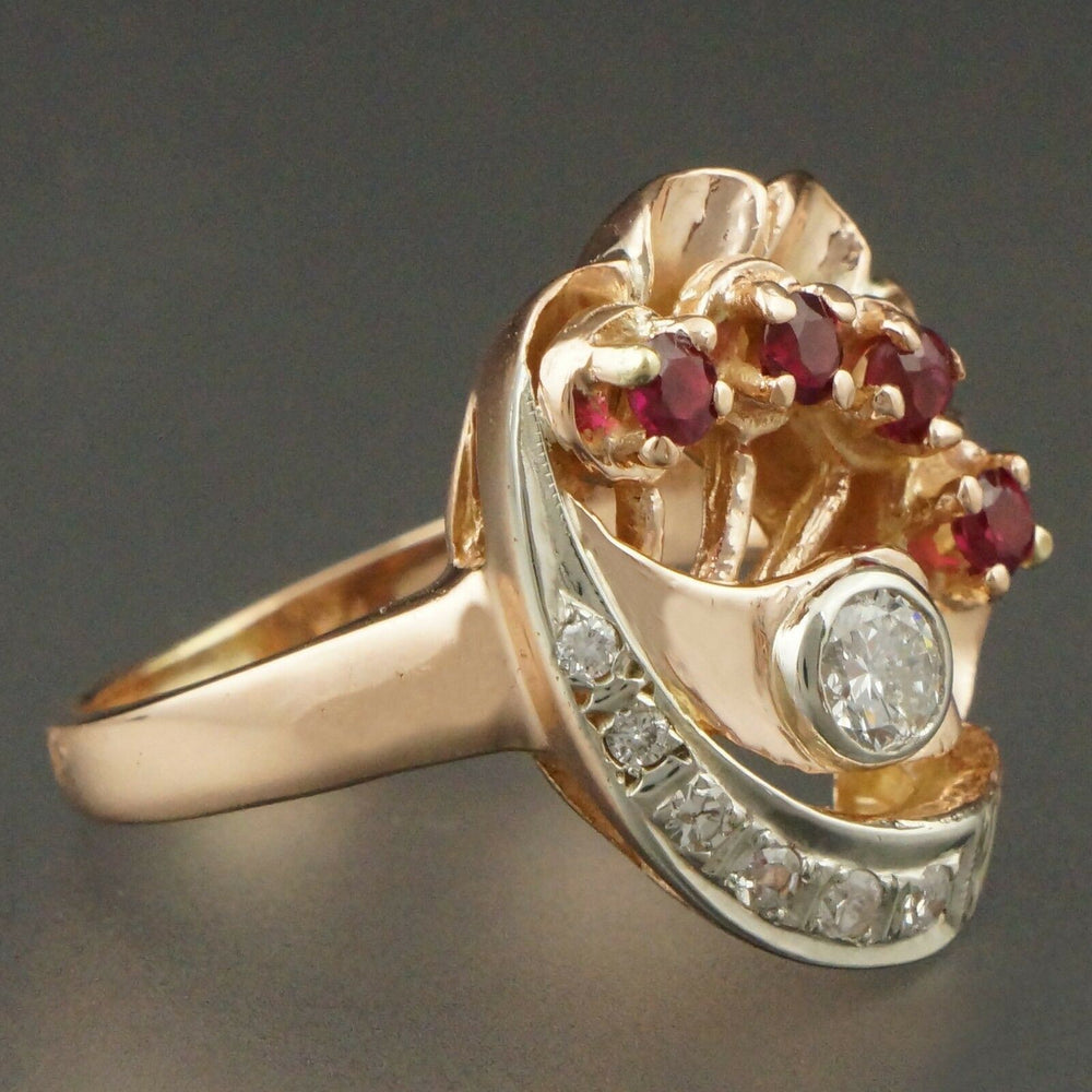 Rare Vintage Retro 1940s 2 Tone Solid 14K Rose & White Gold, Diamond & Ruby Ring, Olde Towne Jewelers, Santa Rosa CA.