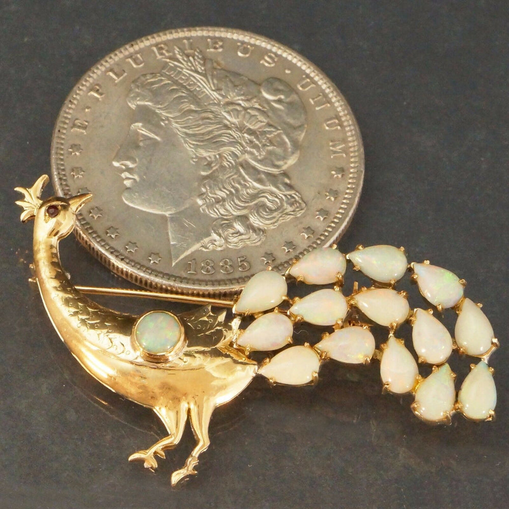 Large, Solid Yellow Gold, 10.33 cttw Opal & Ruby, Peacock, Estate Pin, Brooch, Olde Towne Jewelers, Santa Rosa CA.