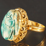 Bold Solid Yellow Gold & Large Glazed Faience Egyptian Scarab Beetle Estate Ring, Olde Towne Jewelers Santa Rosa Ca.