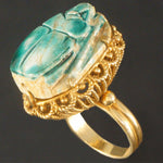 Bold Solid Yellow Gold & Large Glazed Faience Egyptian Scarab Beetle Estate Ring, Olde Towne Jewelers Santa Rosa Ca.