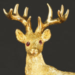 George Lederman Solid 18K Yellow Gold, Ruby, Deer, Elk, Buck Estate Pin, Brooch