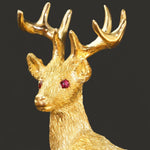 George Lederman Solid 18K Yellow Gold, Ruby, Deer, Elk, Buck Estate Pin, Brooch