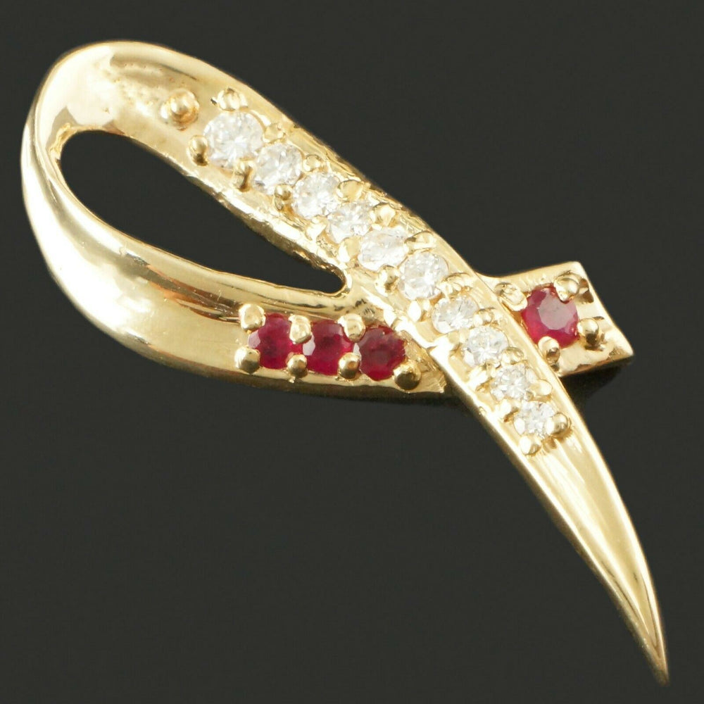 Solid 14K Yellow Gold, Ruby & Diamond Awareness Ribbon, Omega Slide Pendant, Olde Towne Jewelers, Santa Rosa CA.