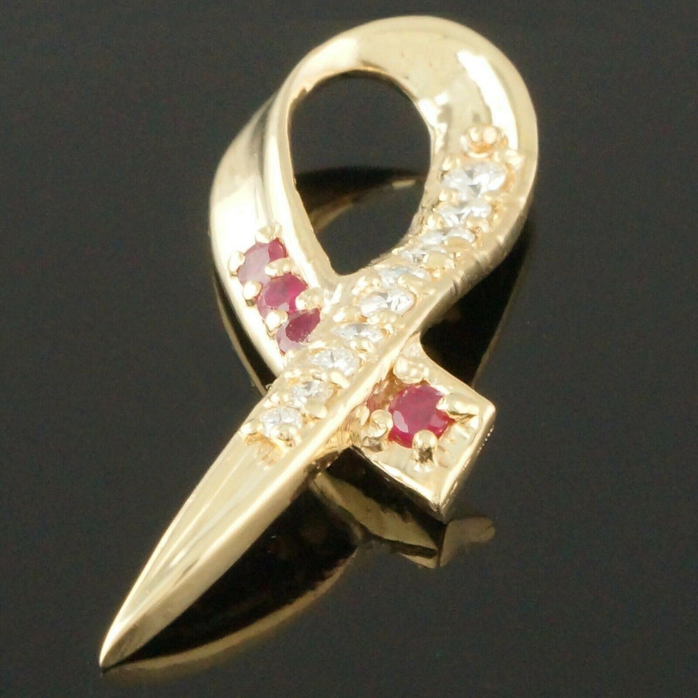 Solid 14K Yellow Gold, Ruby & Diamond Awareness Ribbon, Omega Slide Pendant, Olde Towne Jewelers, Santa Rosa CA.