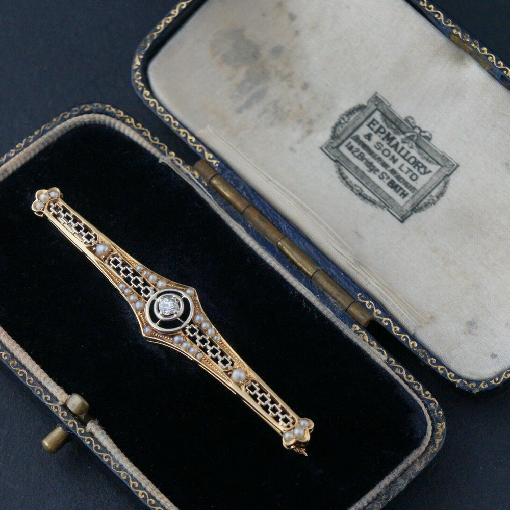 Circa 1920 EP Mallory Solid 14K Gold, Diamond & Seed Pearl Filigree Brooch, Original Box, Olde Towne Jewelers Santa Rosa Ca.