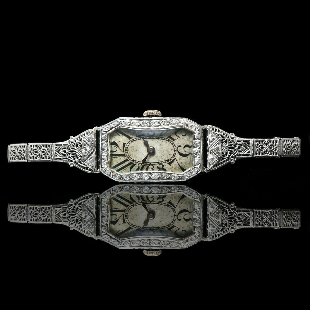 1920s Art Deco Platinum & Diamond Filigree Lady's Diamond Bracelet Watch, Olde Towne Jewelers Santa Rosa Ca.
