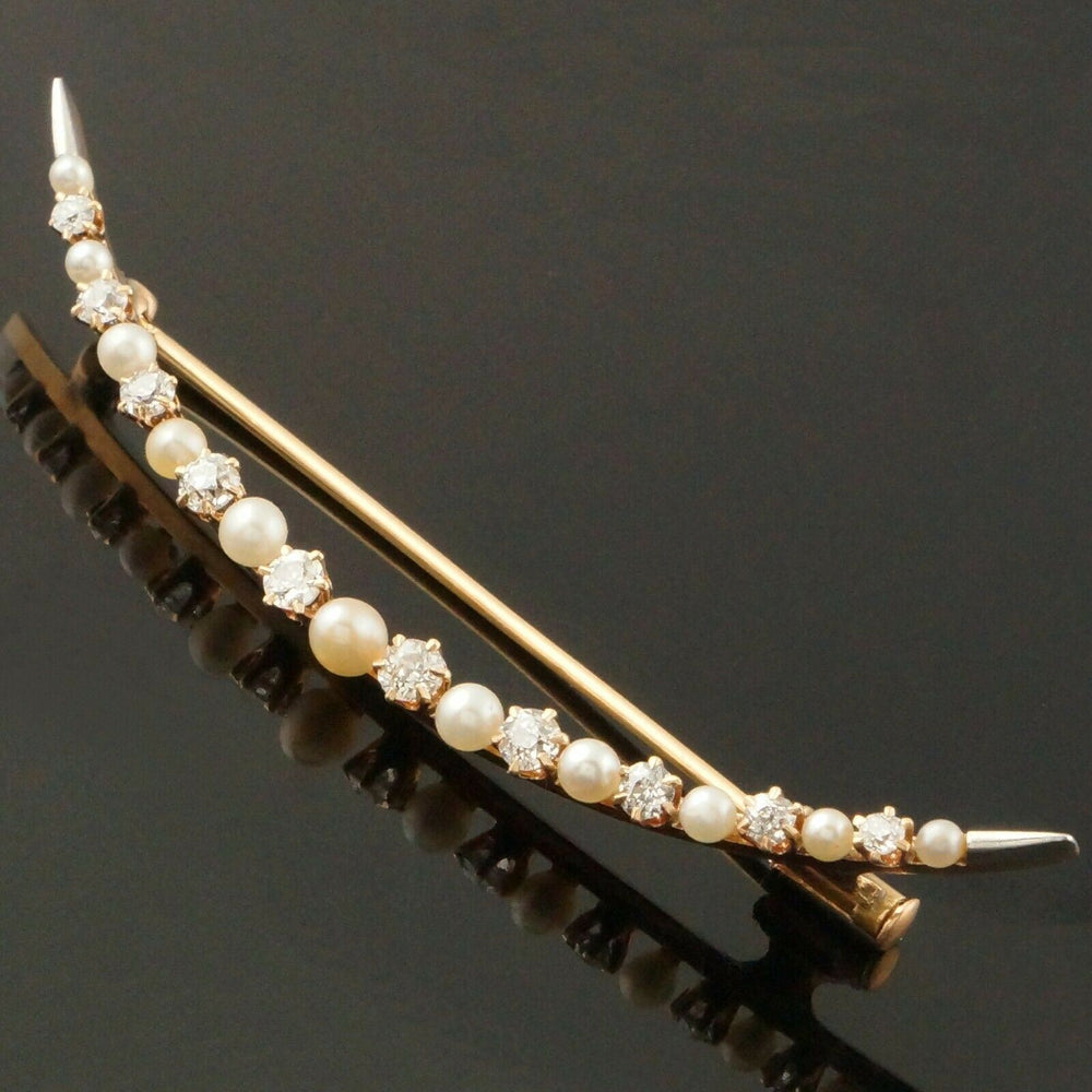 Antique c-1900 Solid 14K Gold, Seed Pearl & OMC Diamond Crescent Moon Pin Brooch, Olde Towne Jewelers Santa Rosa Ca.